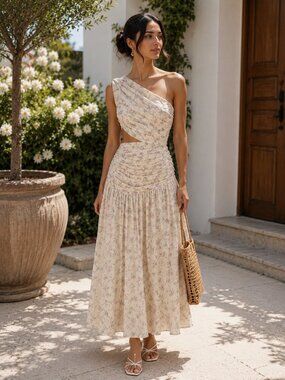 Arose Studio Soleil One Shoulder Ruched Bodice Maxi Dress $198 One Size